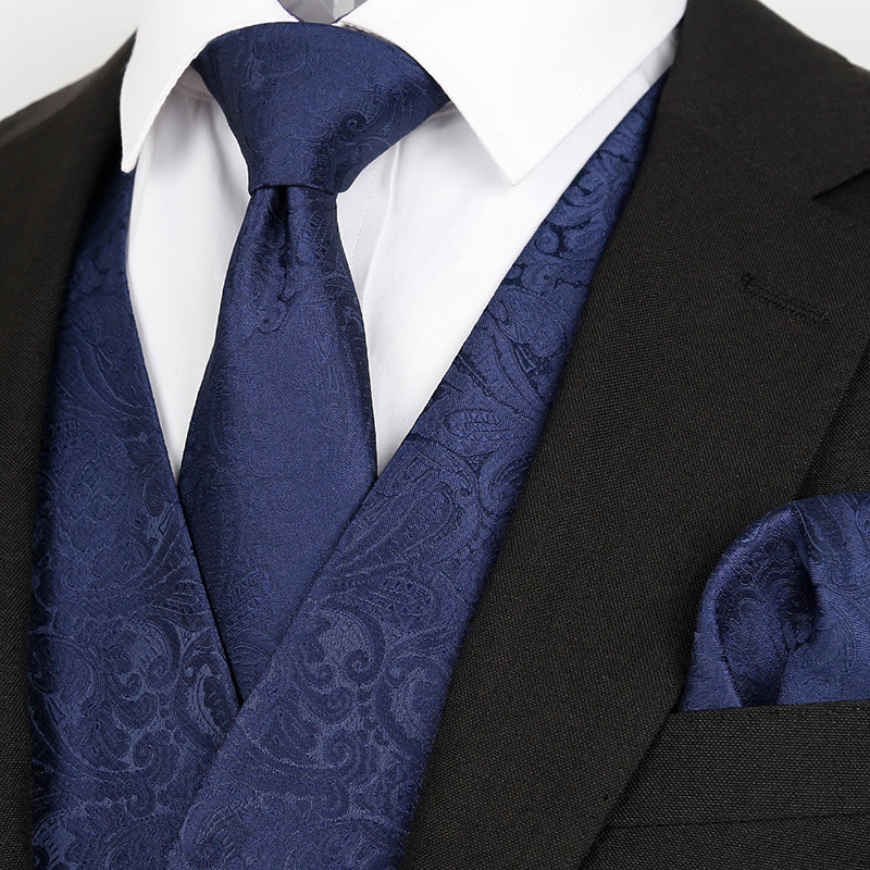 Men's Paisley Suit Vest, Self-tied Bow Tie, 3.35inch(8.5cm) Necktie and Pocket Square Set, 175-Dark Navy