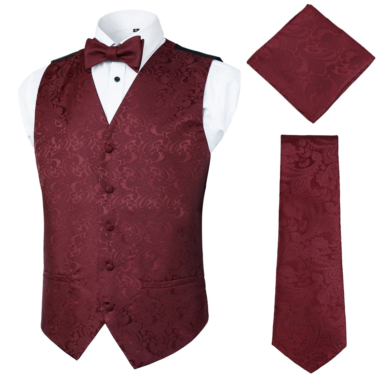 Men's Paisley Suit Vest, Self-tied Bow Tie, 3.35inch(8.5cm) Necktie and Pocket Square Set, 175-Dark Red