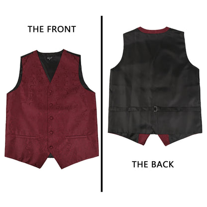 Men's Paisley Suit Vest, Self-tied Bow Tie, 3.35inch(8.5cm) Necktie and Pocket Square Set, 175-Dark Red