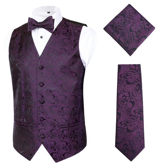 Men's Paisley Suit Vest, Self-tied Bow Tie, 3.35inch(8.5cm) Necktie and Pocket Square Set, 175-Eggplant