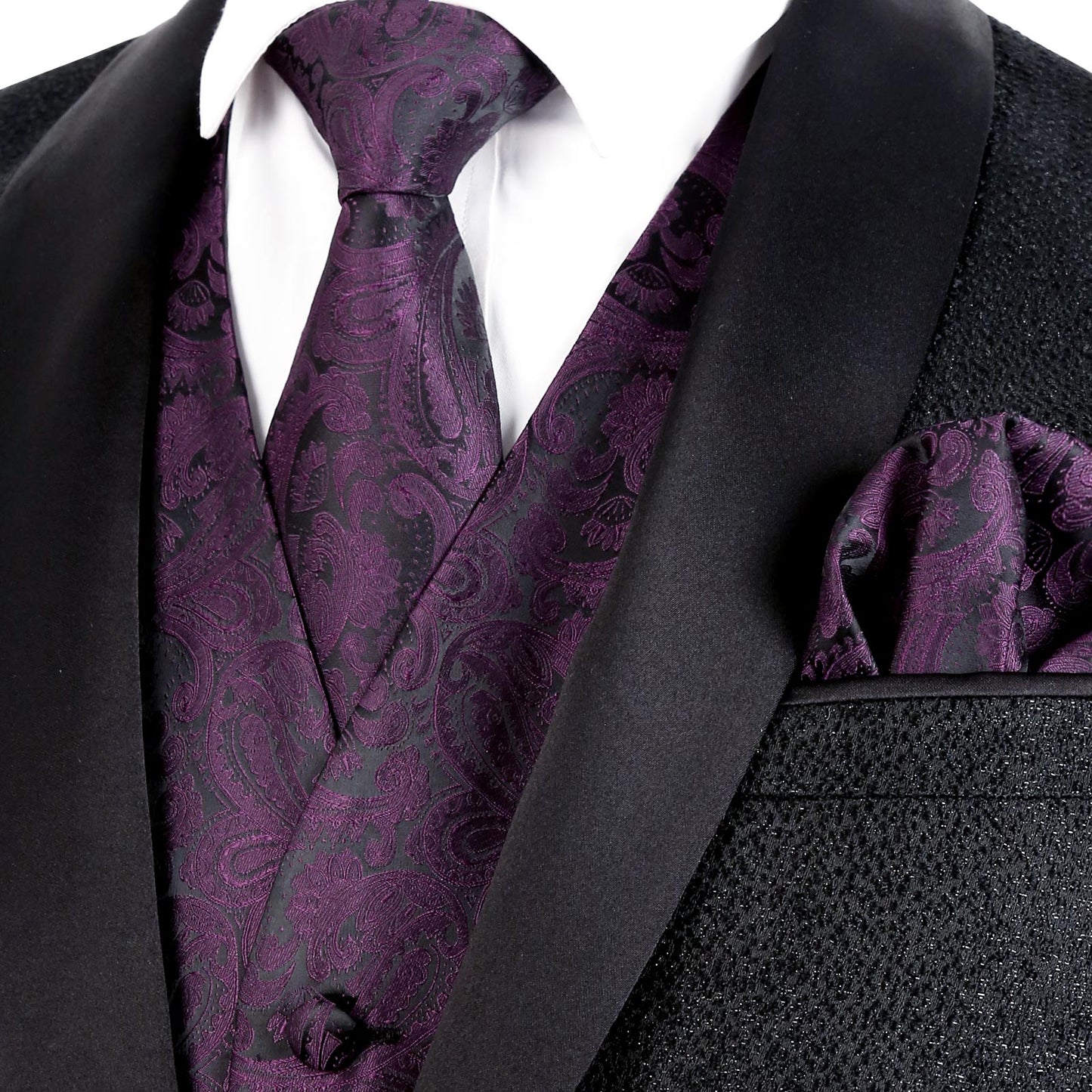 Men's Paisley Suit Vest, Self-tied Bow Tie, 3.35inch(8.5cm) Necktie and Pocket Square Set, 175-Eggplant