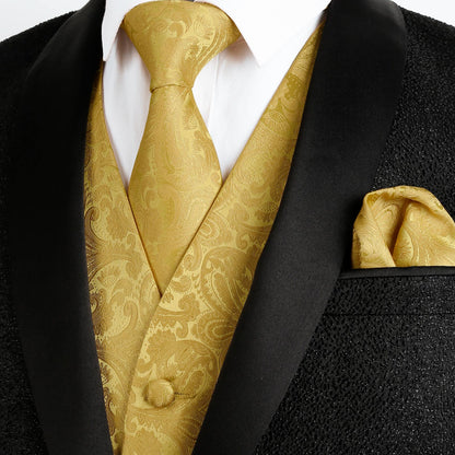 Men's Paisley Suit Vest, Self-tied Bow Tie, 3.35inch(8.5cm) Necktie and Pocket Square Set, 175-Golden Olive