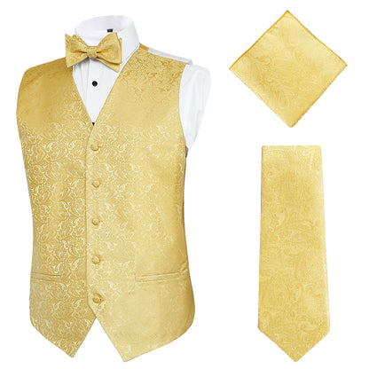 Men's Paisley Suit Vest, Self-tied Bow Tie, 3.35inch(8.5cm) Necktie and Pocket Square Set, 175-Golden