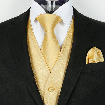 Men's Paisley Suit Vest, Self-tied Bow Tie, 3.35inch(8.5cm) Necktie and Pocket Square Set, 175-Golden