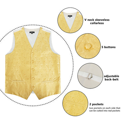 Men's Paisley Suit Vest, Self-tied Bow Tie, 3.35inch(8.5cm) Necktie and Pocket Square Set, 175-Golden