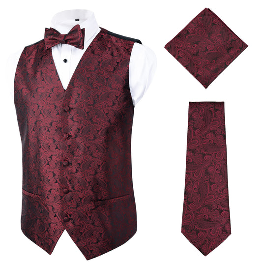 Men's Paisley Suit Vest, Self-tied Bow Tie, 3.35inch(8.5cm) Necktie and Pocket Square Set, 175-Maroon