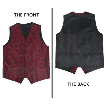 Men's Paisley Suit Vest, Self-tied Bow Tie, 3.35inch(8.5cm) Necktie and Pocket Square Set, 175-Maroon