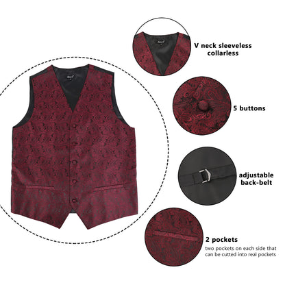 Men's Paisley Suit Vest, Self-tied Bow Tie, 3.35inch(8.5cm) Necktie and Pocket Square Set, 175-Maroon