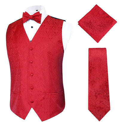 Men's Paisley Suit Vest, Self-tied Bow Tie, 3.35inch(8.5cm) Necktie and Pocket Square Set, 175-Red