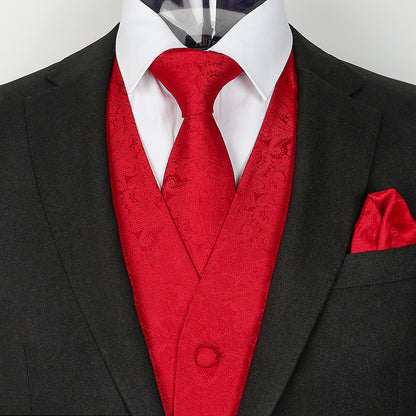Men's Paisley Suit Vest, Self-tied Bow Tie, 3.35inch(8.5cm) Necktie and Pocket Square Set, 175-Red