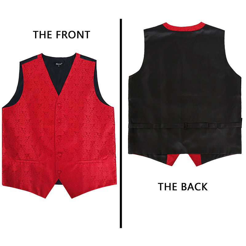 Men's Paisley Suit Vest, Self-tied Bow Tie, 3.35inch(8.5cm) Necktie and Pocket Square Set, 175-Red