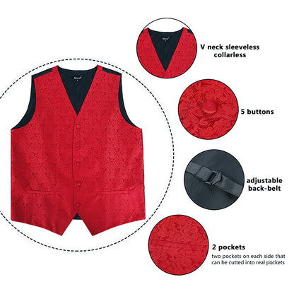 Men's Paisley Suit Vest, Self-tied Bow Tie, 3.35inch(8.5cm) Necktie and Pocket Square Set, 175-Red