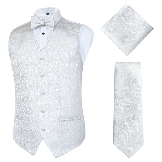 Men's Paisley Suit Vest, Self-tied Bow Tie, 3.35inch(8.5cm) Necktie and Pocket Square Set, 175-Shiny Silver