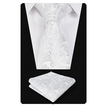 Men's Paisley Suit Vest, Self-tied Bow Tie, 3.35inch(8.5cm) Necktie and Pocket Square Set, 175-Shiny Silver