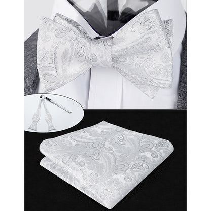 Men's Paisley Suit Vest, Self-tied Bow Tie, 3.35inch(8.5cm) Necktie and Pocket Square Set, 175-Shiny Silver