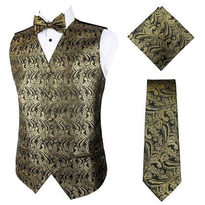 Men's Paisley Suit Vest, Self-tied Bow Tie, 3.35inch(8.5cm) Necktie and Pocket Square Set, 175-Black Gold