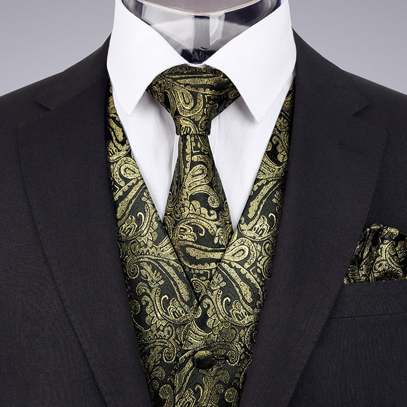 Men's Paisley Suit Vest, Self-tied Bow Tie, 3.35inch(8.5cm) Necktie and Pocket Square Set, 175-Black Gold