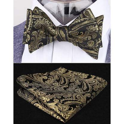 Men's Paisley Suit Vest, Self-tied Bow Tie, 3.35inch(8.5cm) Necktie and Pocket Square Set, 175-Black Gold