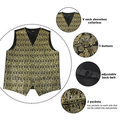 Men's Paisley Suit Vest, Self-tied Bow Tie, 3.35inch(8.5cm) Necktie and Pocket Square Set, 175-Black Gold