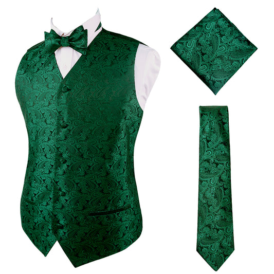 Men's Paisley Suit Vest, Self-tied Bow Tie, 3.35inch(8.5cm) Necktie and Pocket Square Set, 175-Dark Green