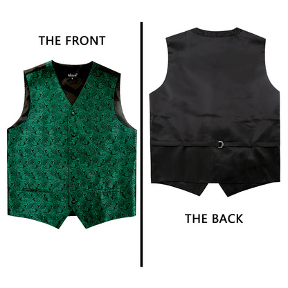 Men's Paisley Suit Vest, Self-tied Bow Tie, 3.35inch(8.5cm) Necktie and Pocket Square Set, 175-Dark Green