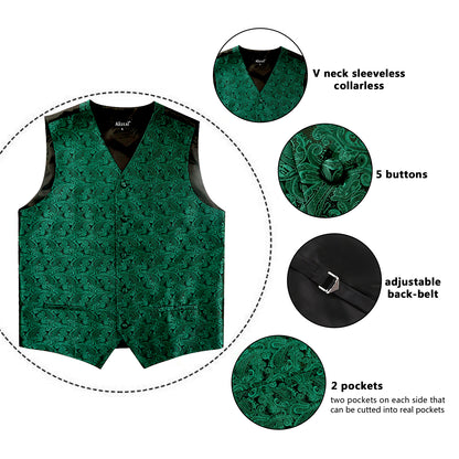 Men's Paisley Suit Vest, Self-tied Bow Tie, 3.35inch(8.5cm) Necktie and Pocket Square Set, 175-Dark Green