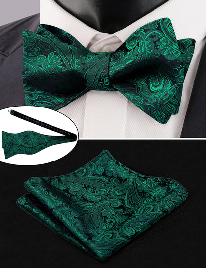 Men's Paisley Suit Vest, Self-tied Bow Tie, 3.35inch(8.5cm) Necktie and Pocket Square Set, 175-Dark Green