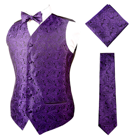 Men's Paisley Suit Vest, Self-tied Bow Tie, 3.35inch(8.5cm) Necktie and Pocket Square Set, 175-Dark Purple