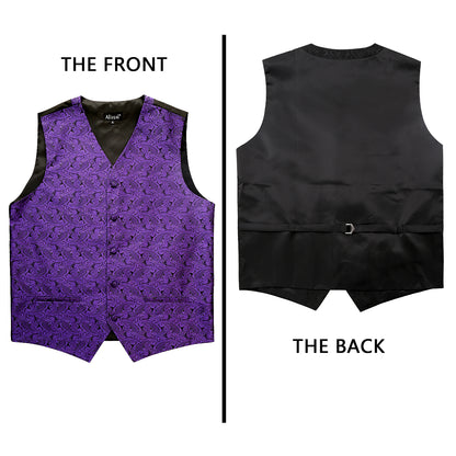 Men's Paisley Suit Vest, Self-tied Bow Tie, 3.35inch(8.5cm) Necktie and Pocket Square Set, 175-Dark Purple