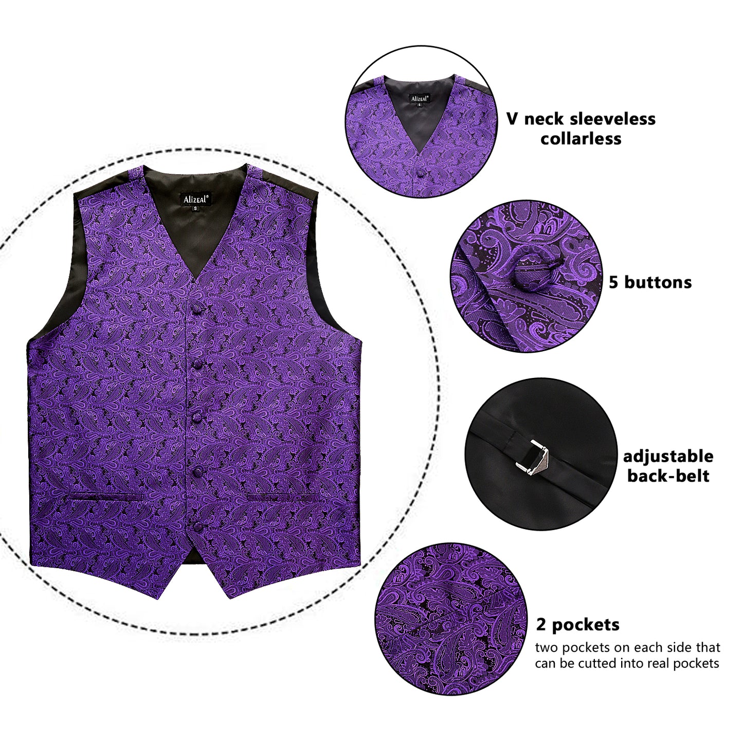 Men's Paisley Suit Vest, Self-tied Bow Tie, 3.35inch(8.5cm) Necktie and Pocket Square Set, 175-Dark Purple