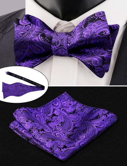 Men's Paisley Suit Vest, Self-tied Bow Tie, 3.35inch(8.5cm) Necktie and Pocket Square Set, 175-Dark Purple