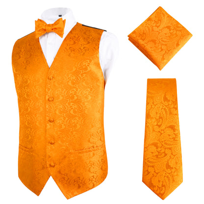 Men's Paisley Suit Vest, Self-tied Bow Tie, 3.35inch(8.5cm) Necktie and Pocket Square Set, 175-Orange