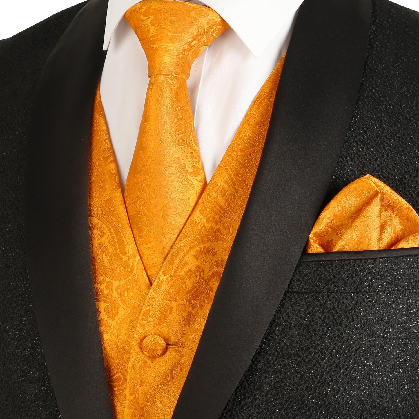 Men's Paisley Suit Vest, Self-tied Bow Tie, 3.35inch(8.5cm) Necktie and Pocket Square Set, 175-Orange