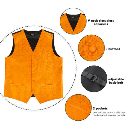 Men's Paisley Suit Vest, Self-tied Bow Tie, 3.35inch(8.5cm) Necktie and Pocket Square Set, 175-Orange