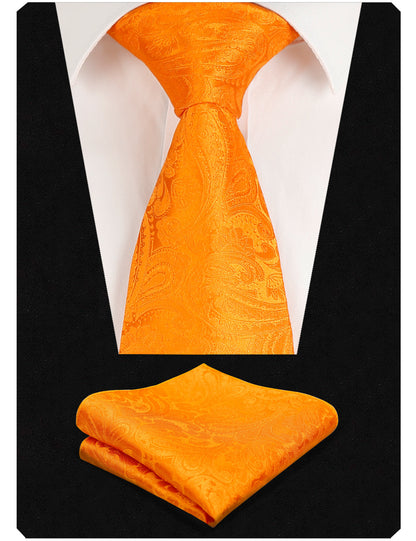 Men's Paisley Suit Vest, Self-tied Bow Tie, 3.35inch(8.5cm) Necktie and Pocket Square Set, 175-Orange