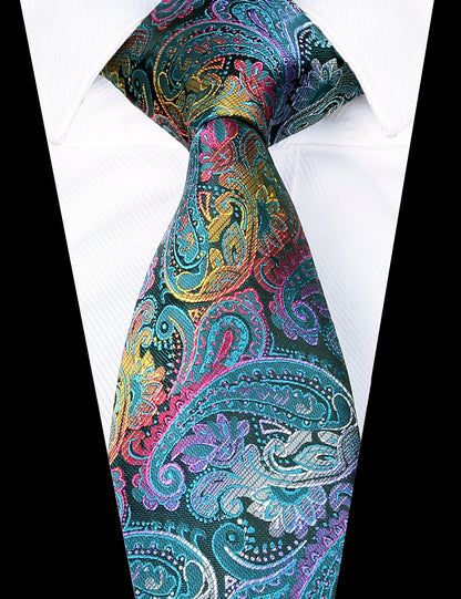Men's Paisley Suit Vest, Self-tied Bow Tie, 3.35inch(8.5cm) Necktie and Pocket Square Set, 175-Peacock Blue