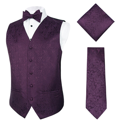 Men's Paisley Suit Vest, Self-tied Bow Tie, 3.35inch(8.5cm) Necktie and Pocket Square Set, 175-Plum Purple