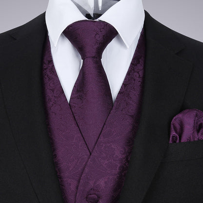 Men's Paisley Suit Vest, Self-tied Bow Tie, 3.35inch(8.5cm) Necktie and Pocket Square Set, 175-Plum Purple