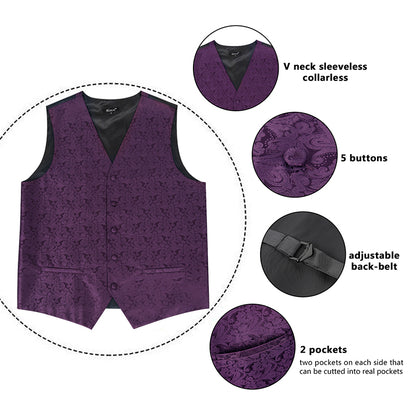 Men's Paisley Suit Vest, Self-tied Bow Tie, 3.35inch(8.5cm) Necktie and Pocket Square Set, 175-Plum Purple