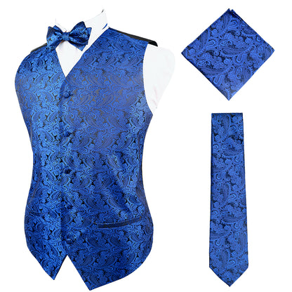 Men's Paisley Suit Vest, Self-tied Bow Tie, 3.35inch(8.5cm) Necktie and Pocket Square Set, 175-Royal Blue