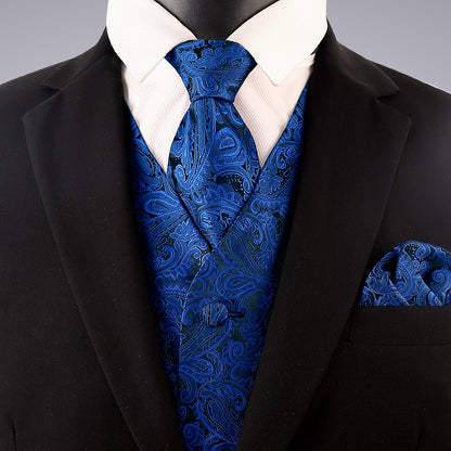 Men's Paisley Suit Vest, Self-tied Bow Tie, 3.35inch(8.5cm) Necktie and Pocket Square Set, 175-Royal Blue