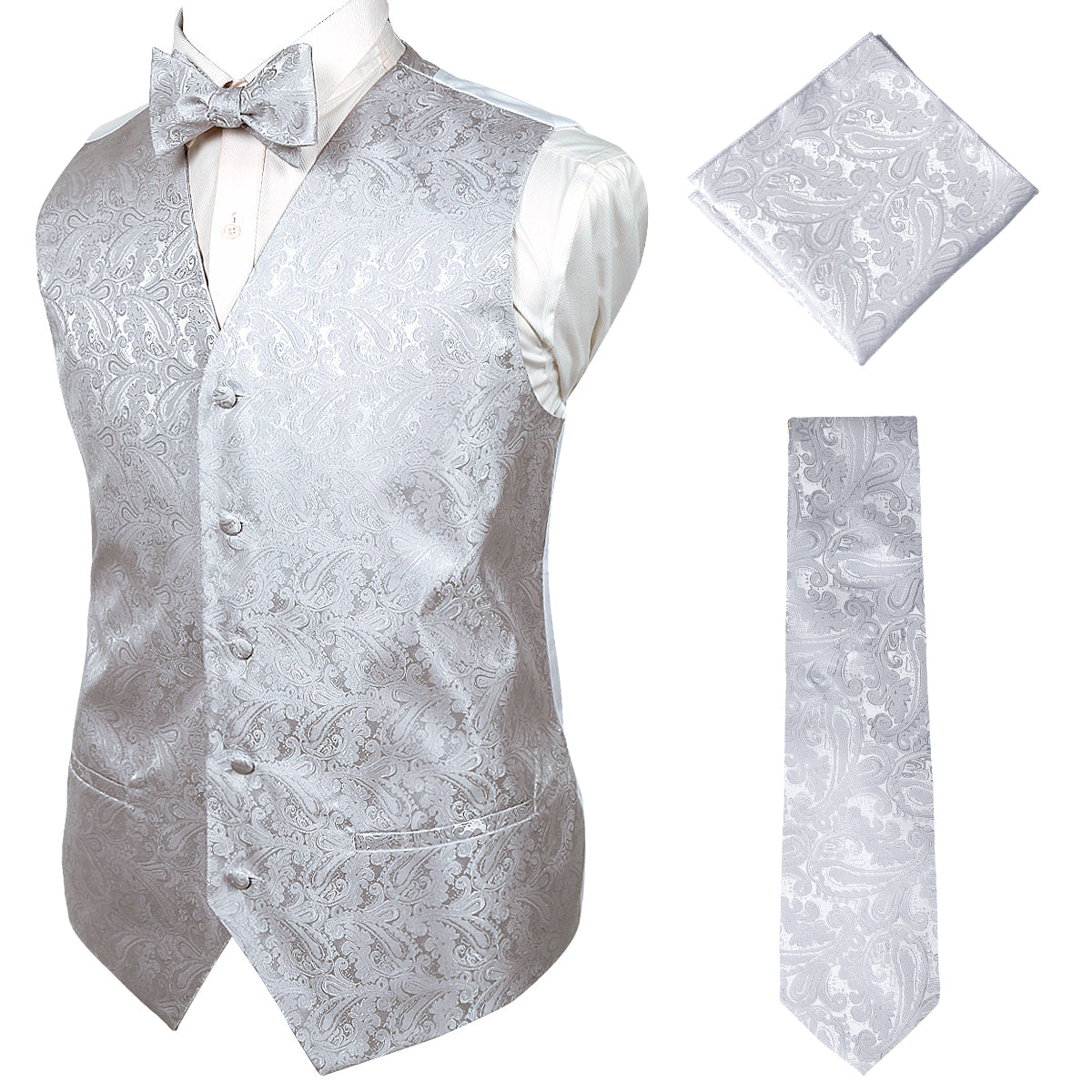 Men's Paisley Suit Vest, Self-tied Bow Tie, 3.35inch(8.5cm) Necktie and Pocket Square Set, 175-Silver