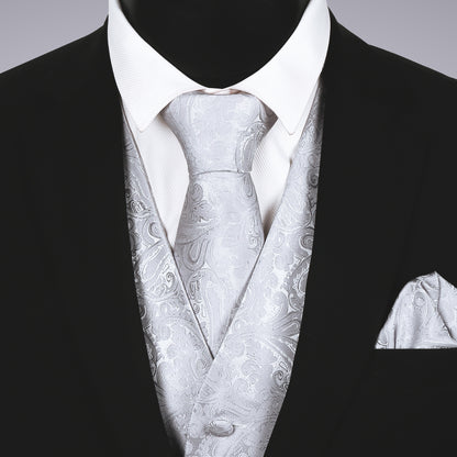 Men's Paisley Suit Vest, Self-tied Bow Tie, 3.35inch(8.5cm) Necktie and Pocket Square Set, 175-Silver