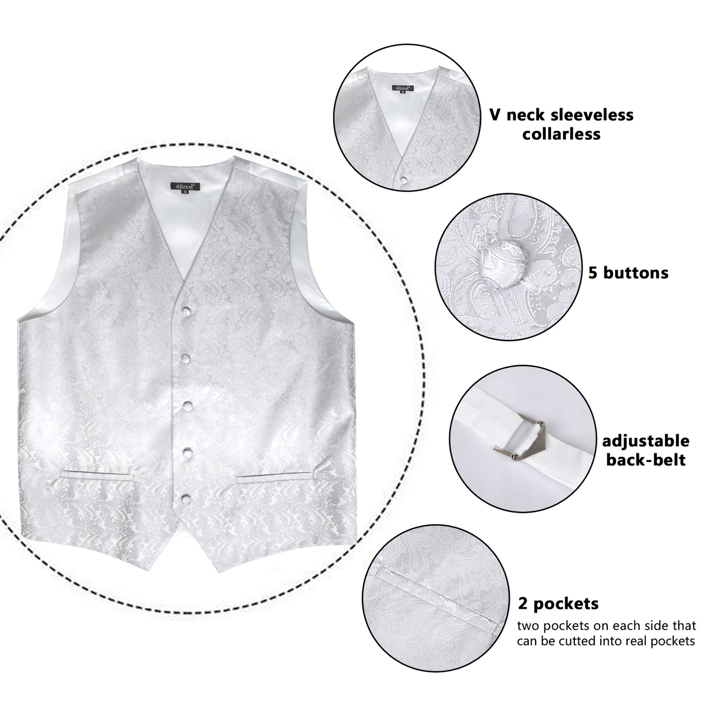 Men's Paisley Suit Vest, Self-tied Bow Tie, 3.35inch(8.5cm) Necktie and Pocket Square Set, 175-Silver