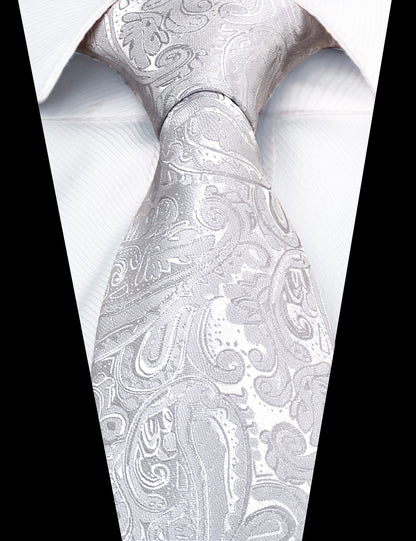 Men's Paisley Suit Vest, Self-tied Bow Tie, 3.35inch(8.5cm) Necktie and Pocket Square Set, 175-Silver