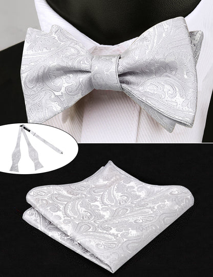 Men's Paisley Suit Vest, Self-tied Bow Tie, 3.35inch(8.5cm) Necktie and Pocket Square Set, 175-Silver