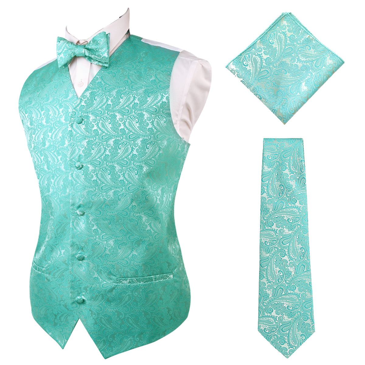Men's Paisley Suit Vest, Self-tied Bow Tie, 3.35inch(8.5cm) Necktie and Pocket Square Set, 175-Turquoise