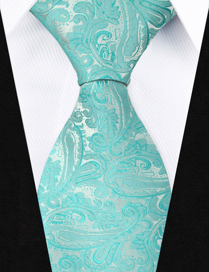 Men's Paisley Suit Vest, Self-tied Bow Tie, 3.35inch(8.5cm) Necktie and Pocket Square Set, 175-Turquoise