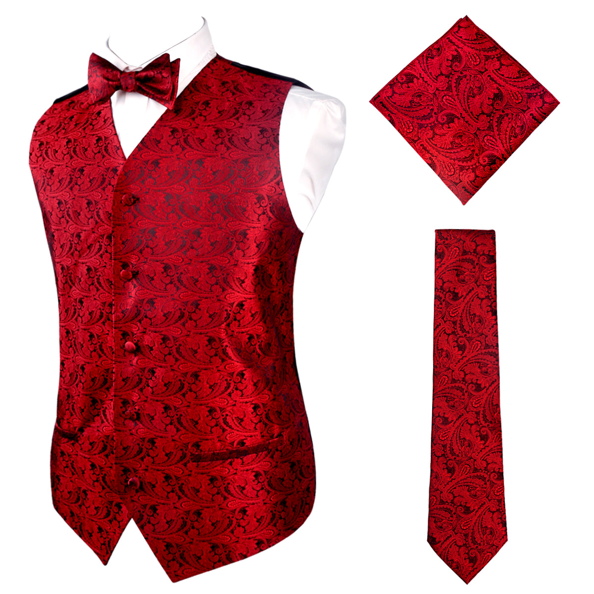 Men's Paisley Suit Vest, Self-tied Bow Tie, 3.35inch(8.5cm) Necktie and Pocket Square Set, 175-Wine Red