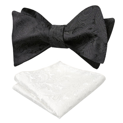 Customized Men's Paisley Black Untied Bow Tie and White Pocket Square Set
